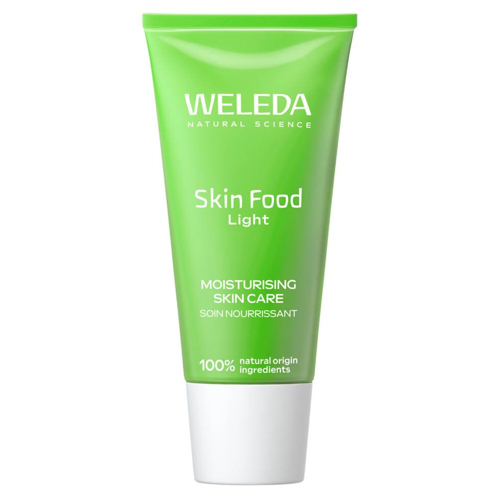 Weleda Skin Food Light tube met witte dop, groene verpakking met witte tekst.