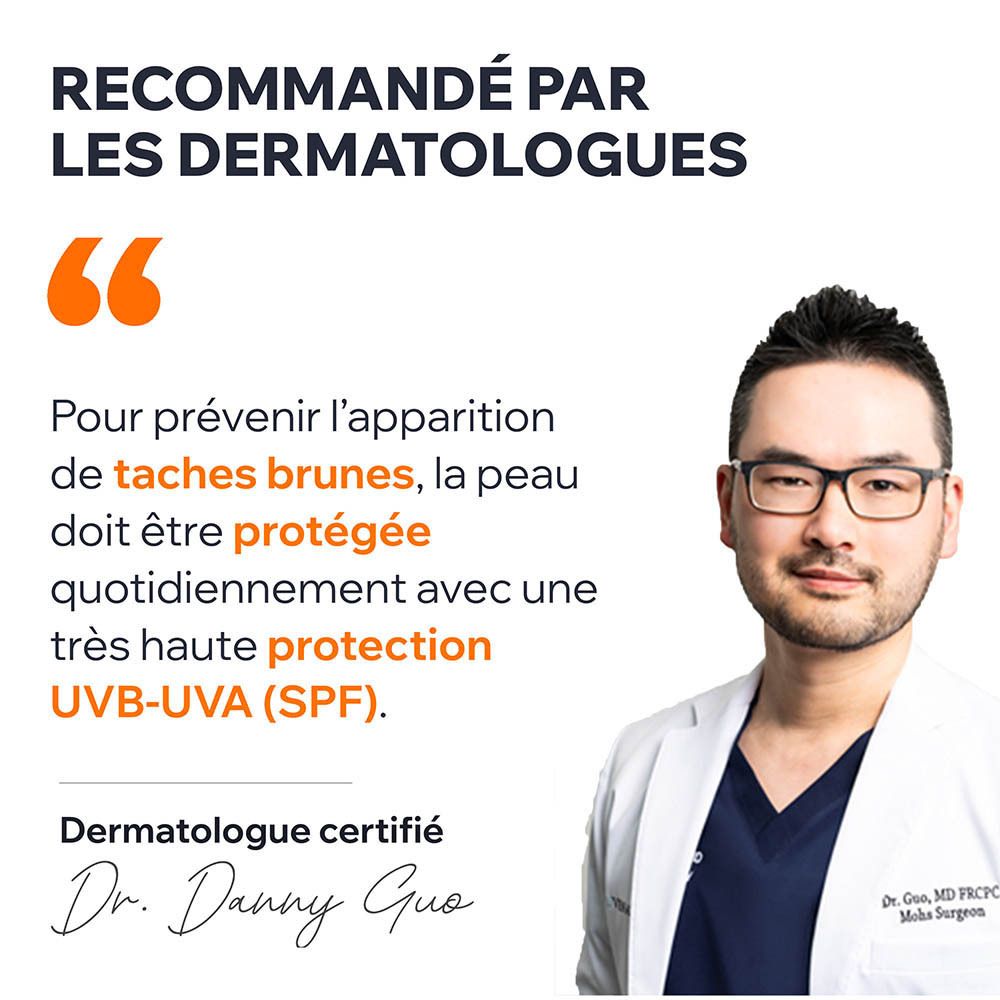 Médecin avec lunettes. Texte: Le dermatologue recommande une protection quotidienne SPF UVB-UVA pour les taches.