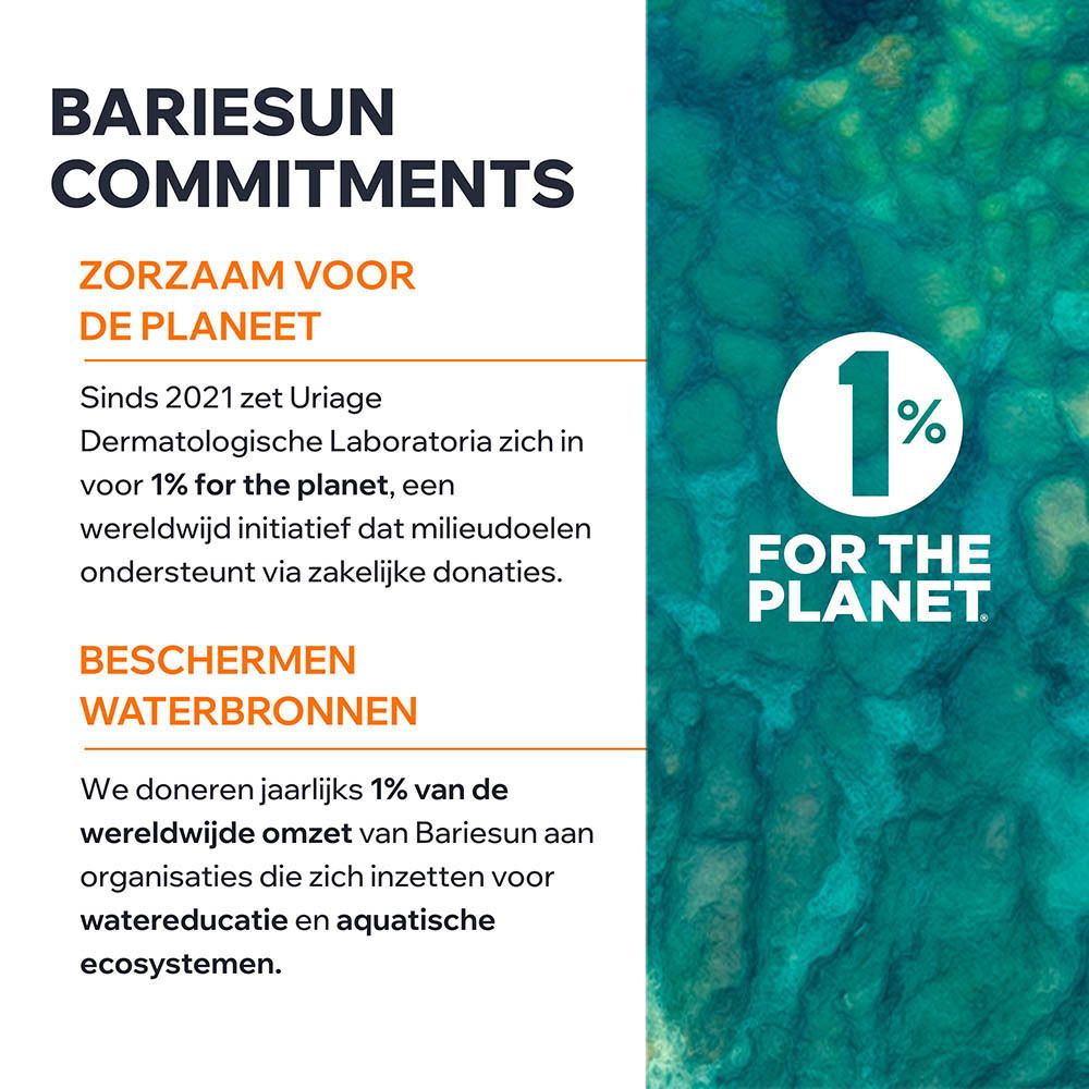 Tekst: Bariésun verplichtingen. 1% voor de planeet. Bescherming van waterbronnen. Milieudonaties.