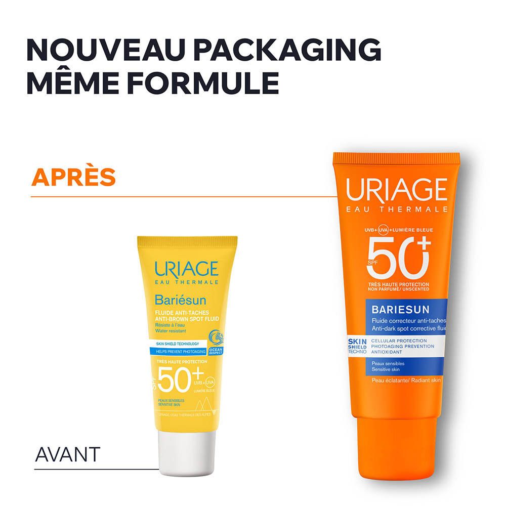 Comparaison avant-après. Tube Uriage Bariésun Fluide Anti-Taches SPF50+. Jaune et orange.