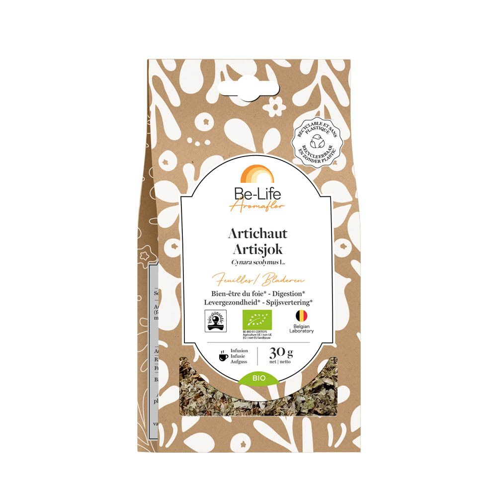 Be-Life Aromaflor Artisjok. Bruine verpakking met productnaam en bio-certificering. 30g.
