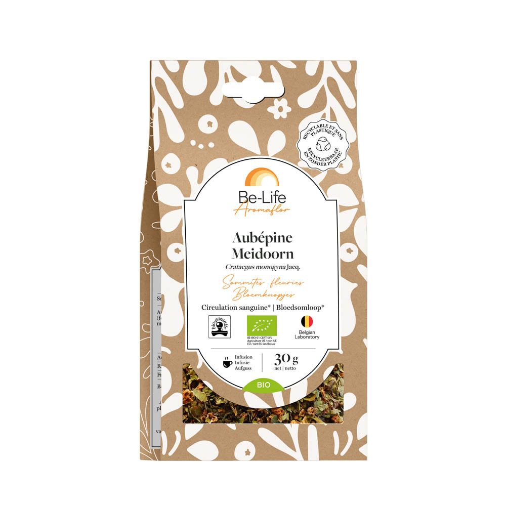 Be-Life Aromaflor Aubépine. Sachet de tisane avec fenêtre. Certification bio. Contient 30g. Inscriptions multilingues.