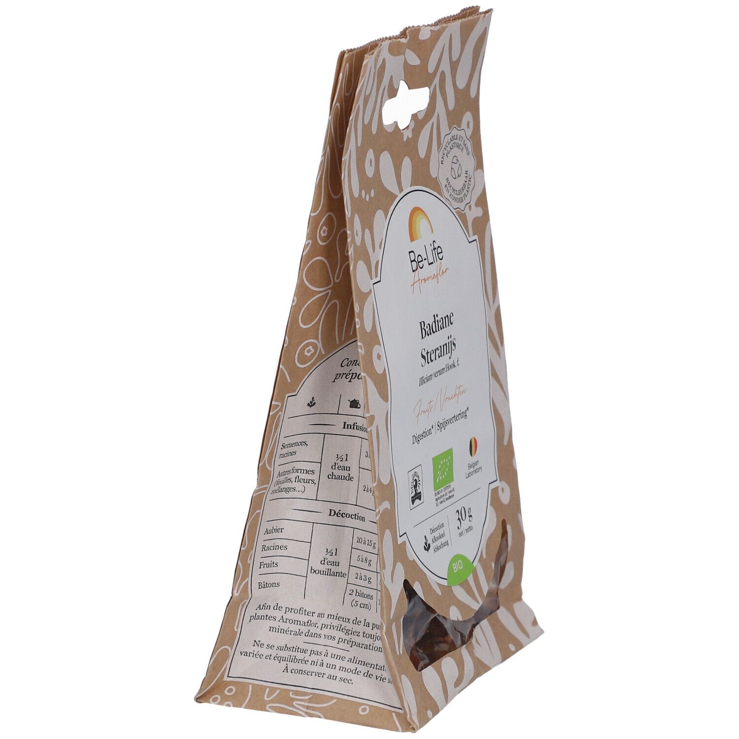 Schuine weergave van de papieren zak. Productnaam en logo zichtbaar. Tekst: 'Badiane Steranijs'. Bio-keurmerk en gewicht: 30g.