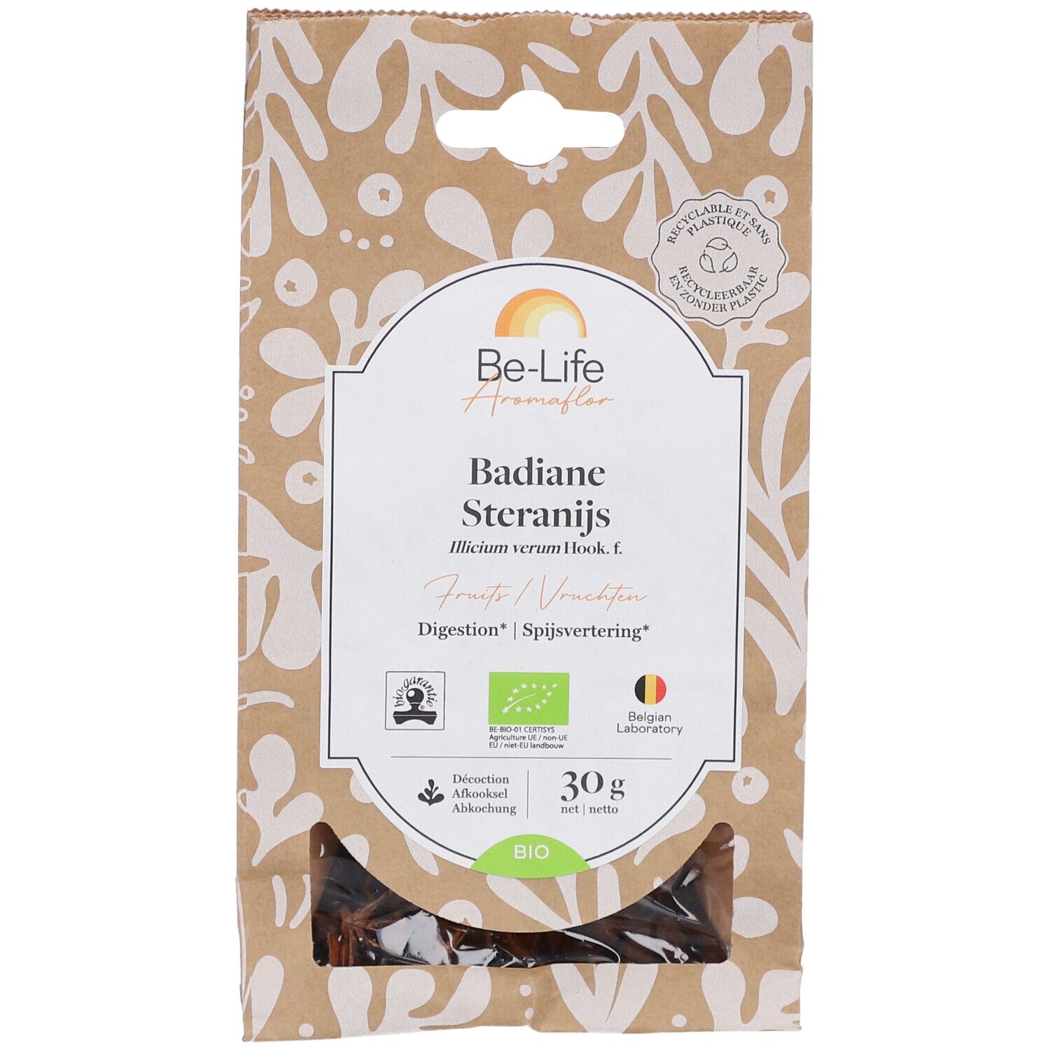 Papieren zak met productnaam en logo. Transparant venster toont inhoud. Tekst: 'Badiane Steranijs'. Bio-keurmerk en 30g.