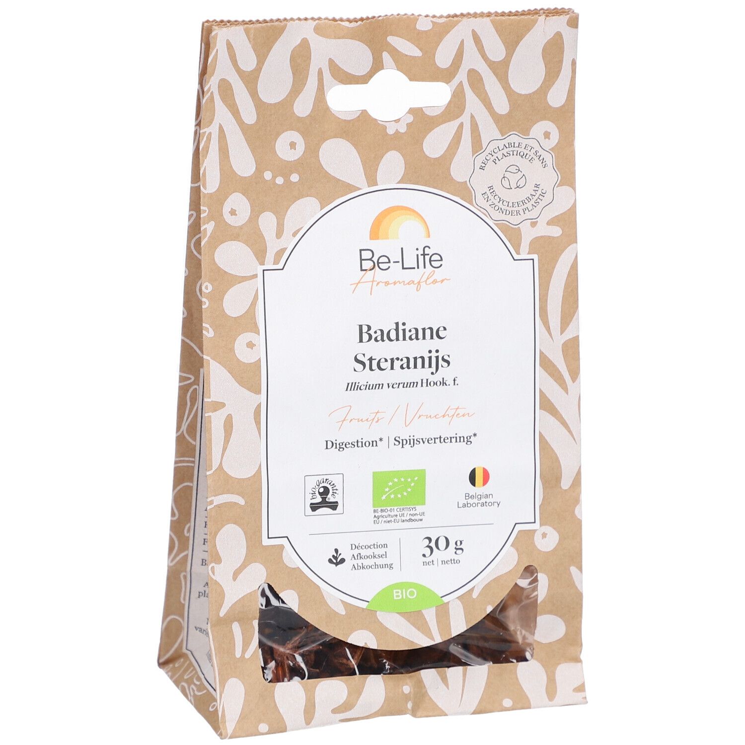 Papieren zak met productnaam en logo. Transparant venster toont inhoud. Tekst: 'Badiane Steranijs'. Bio-keurmerk en 30g.