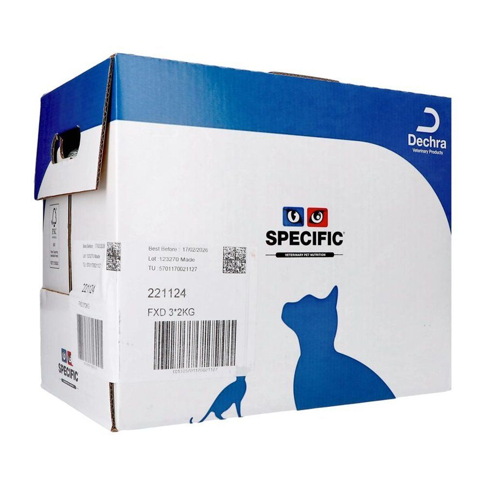 Doos SPECIFIC FXD 3*2KG. Wit met blauwe accenten. Logo's Dechra en SPECIFIC. Katten silhouet. Productnaam en batchnummer.