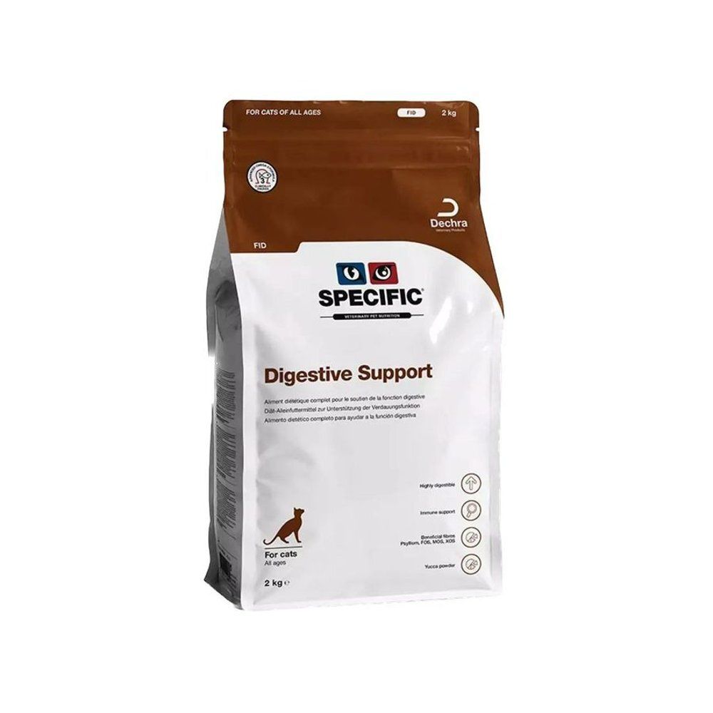 Sac de nourriture pour chats. Inscription: SPECIFIC Digestive Support. 2 kg. Pour chats de tous âges. Contient des informations sur le soutien digestif.