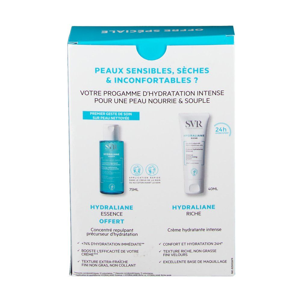 Dos de la boîte bleue. Produits : Hydraliane Essence et Hydraliane Riche. Texte : Peaux sensibles, sèches & inconfortables.