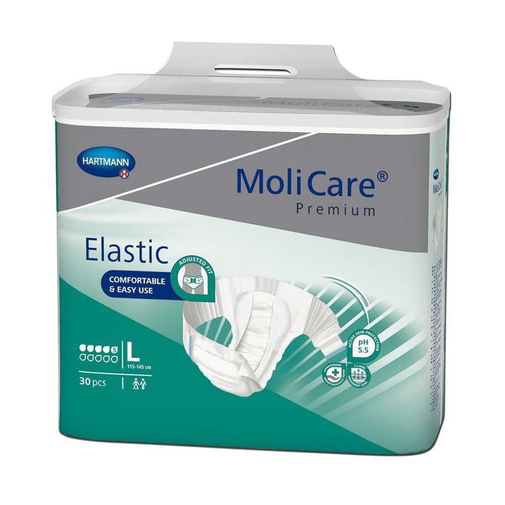 Verpakking MoliCare® Premium Elastic, maat L. Bevat 30 stuks. Merk Hartmann. Opschrift: Elastic, Premium, pH 5.5, Oeko-Tex.