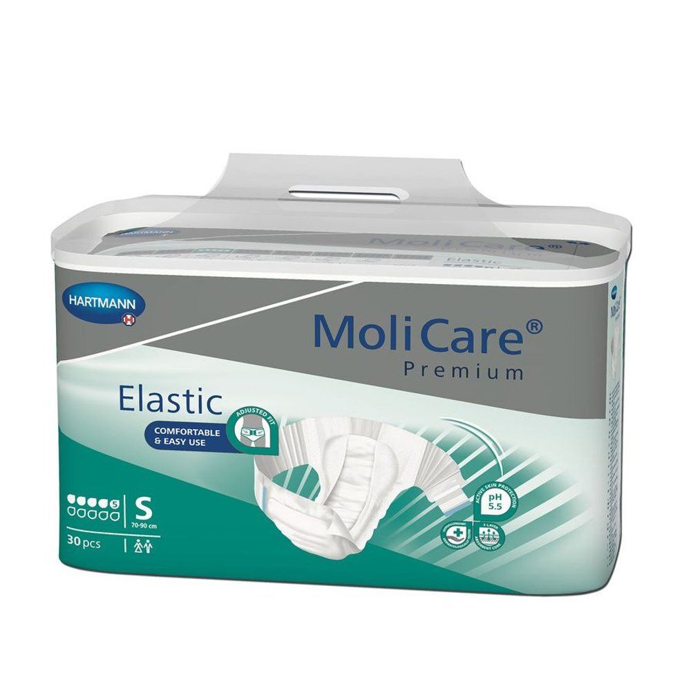 Emballage MoliCare® Premium Elastic. Marque Hartmann. Nom du produit, Elastic, S, 30 pièces. Vert, blanc et gris. Avec poignée.