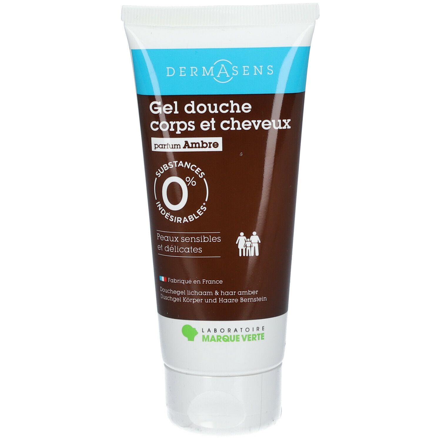 Tube douchegel. Bruine vloeistof, witte dop. Tekst: DERMASENS, Gel douche corps et cheveux, parfum Ambre, 0% indesirables, Peaux sensibles et délicates.