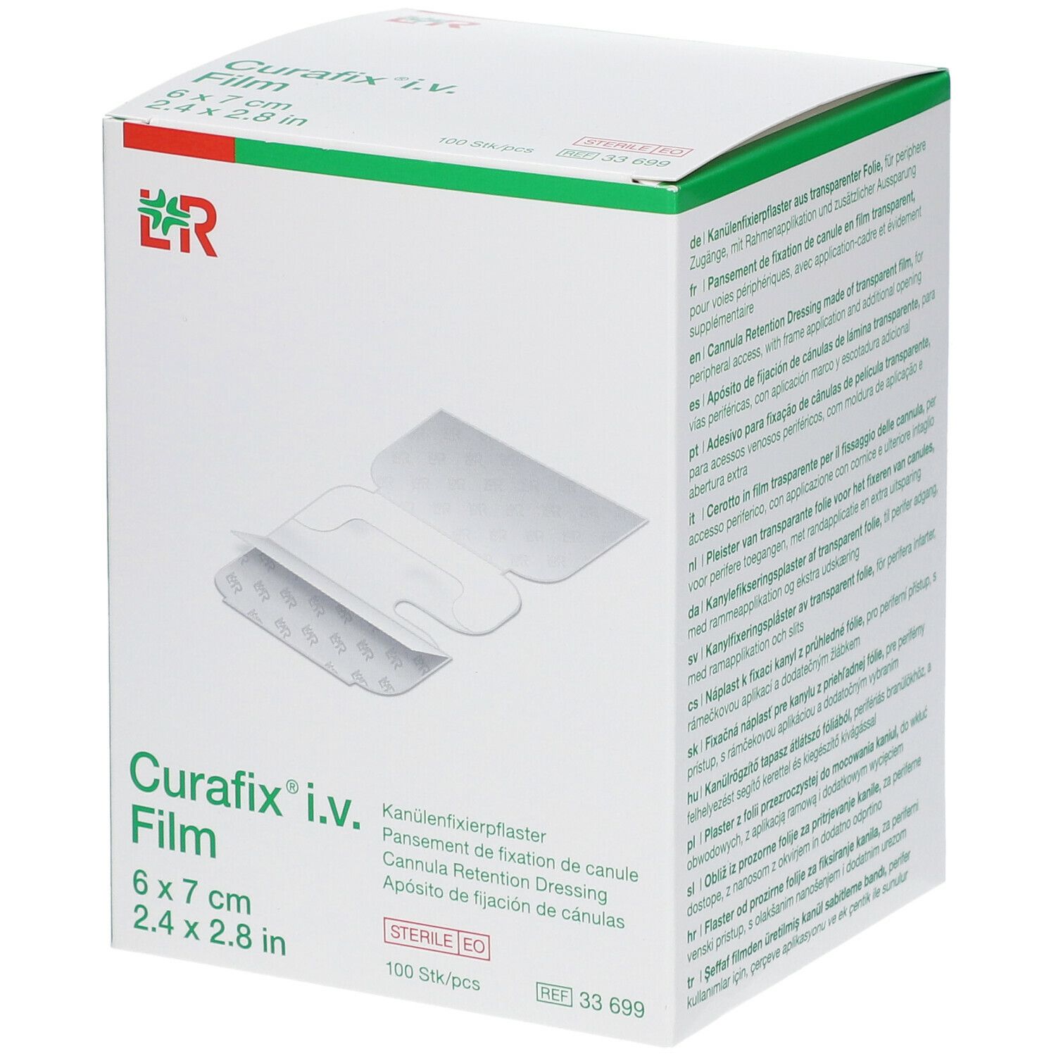 Doos Curafix i.v. Film. Afmeting 6 x 7 cm, 100 stuks. Transparante film met inkeping.