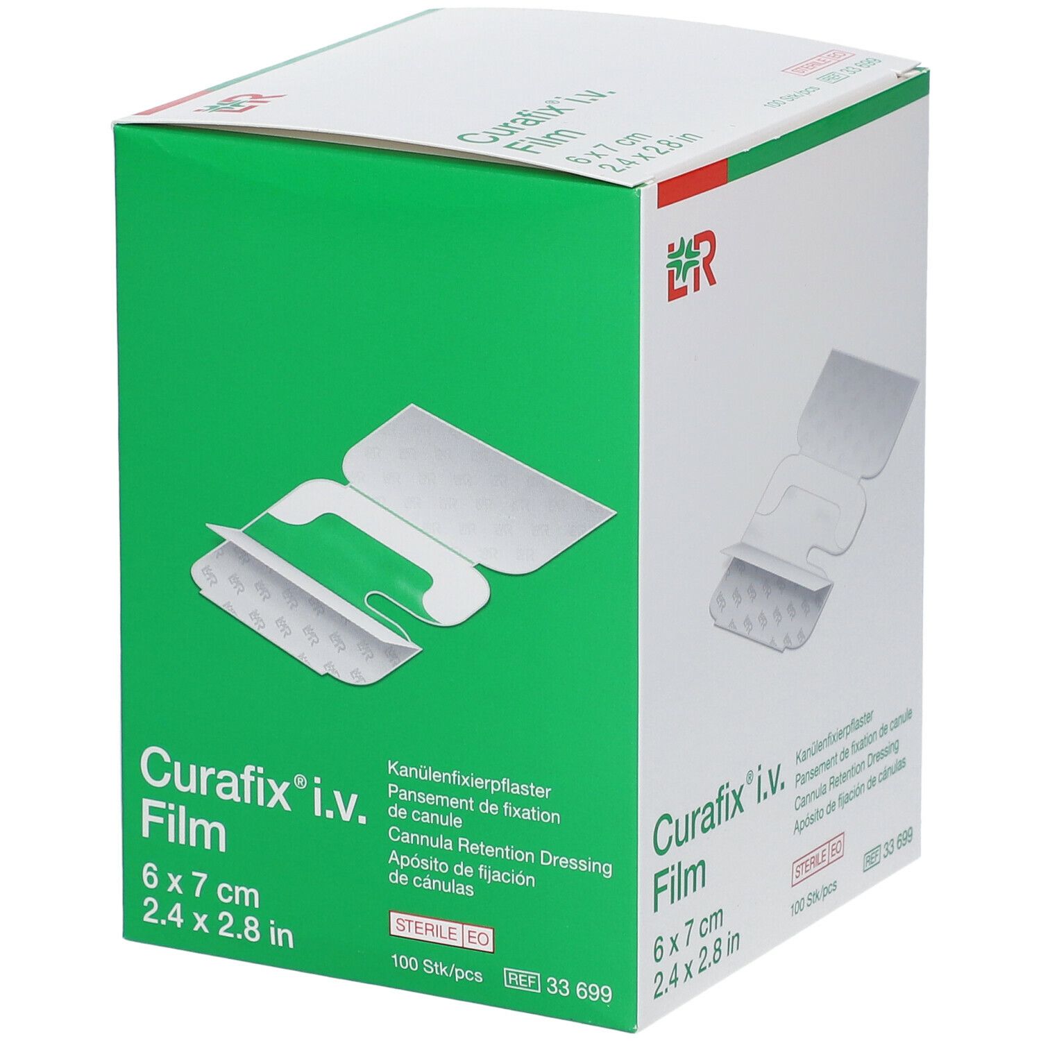 Groene verpakking Curafix i.v. Film. Afmeting 6 x 7 cm, 100 stuks. Transparante film met inkeping.