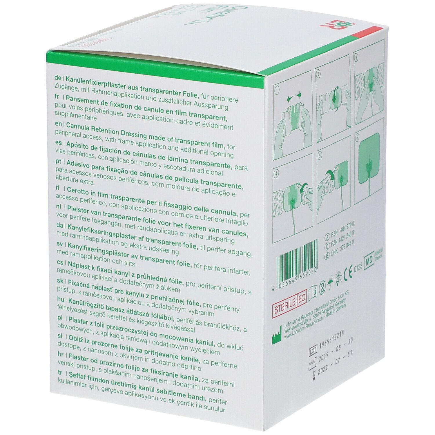 Achterkant verpakking Curafix i.v. Film. Meertalige tekst. Illustraties van toepassing.