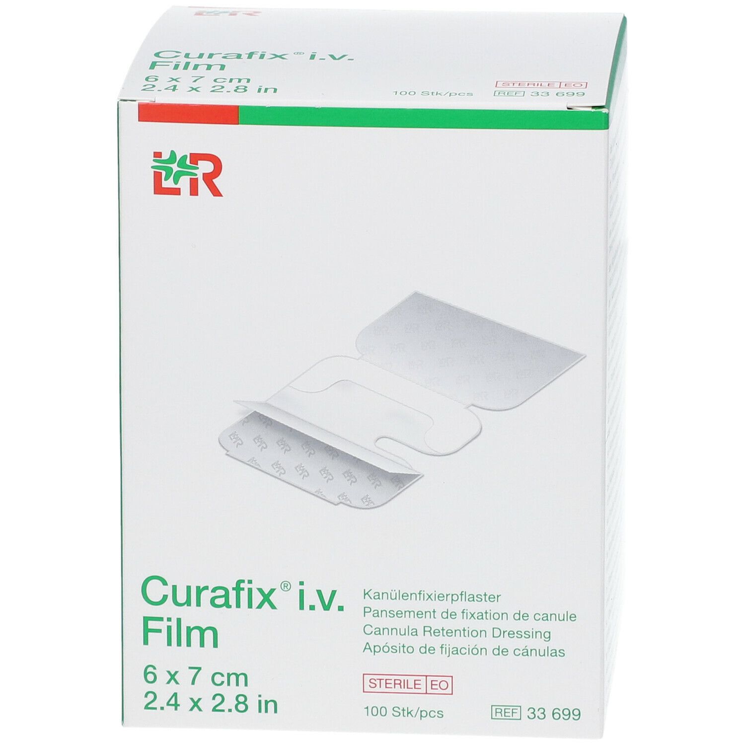 Doos Curafix i.v. Film. Afmeting 6 x 7 cm, 100 stuks. Transparante film met inkeping.