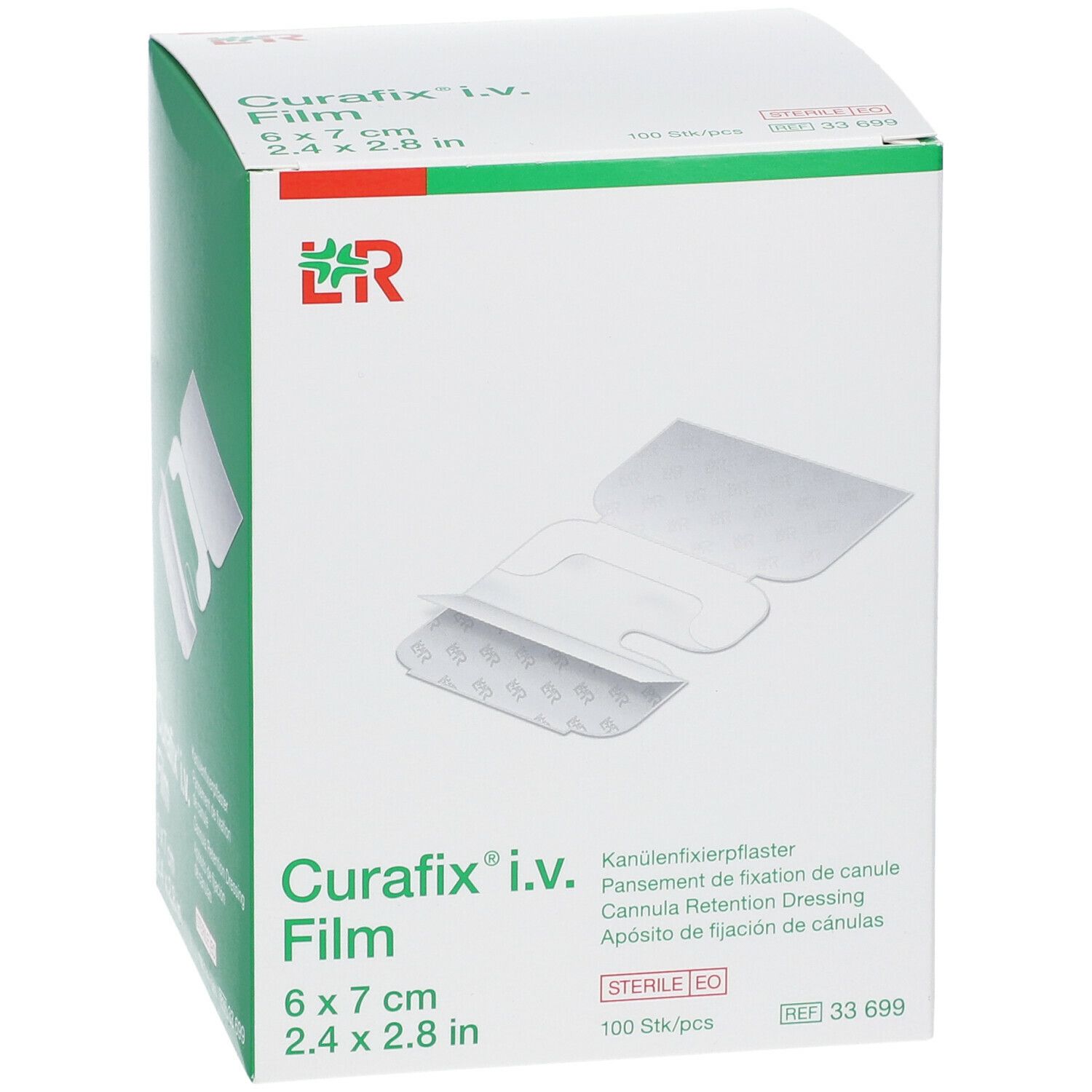 Doos Curafix i.v. Film. Afmeting 6 x 7 cm, 100 stuks. Transparante film met inkeping.