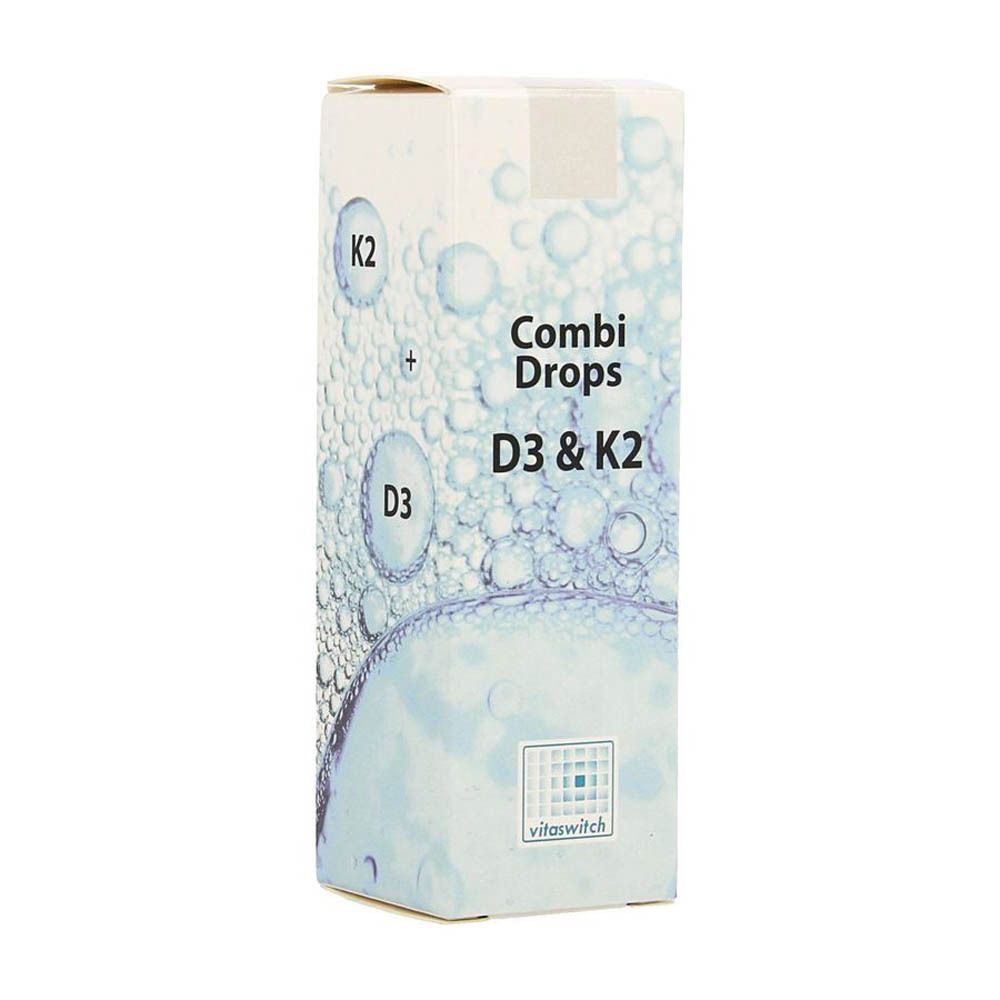 Doosje Combi Drops D3 & K2. Opschriften K2 en D3. Lichtblauwe achtergrond met bellenpatroon. Logo vitaswitch.