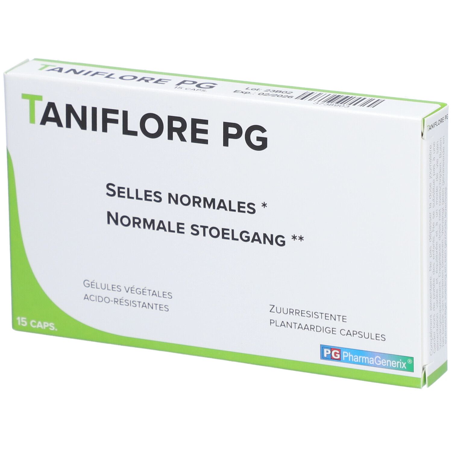 Boîte 'Taniflore PG'. Inscription: 'Selles normales', 'Normale stoelgang'. 15 capsules. PG PharmaGenex.