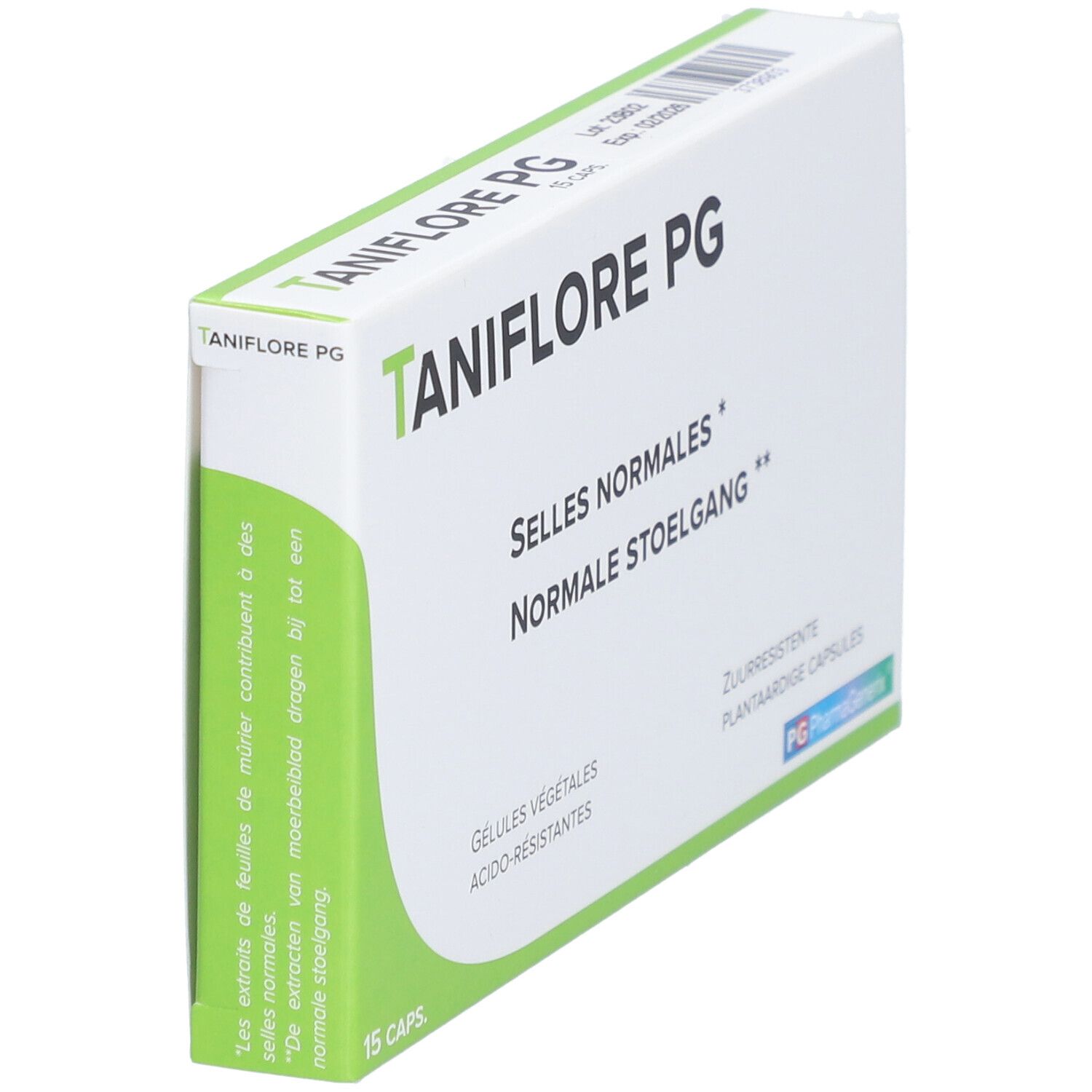 Boîte 'Taniflore PG'. Inscription: 'Selles normales', 'Normale stoelgang'. 15 capsules. PG PharmaGenex. Vert.