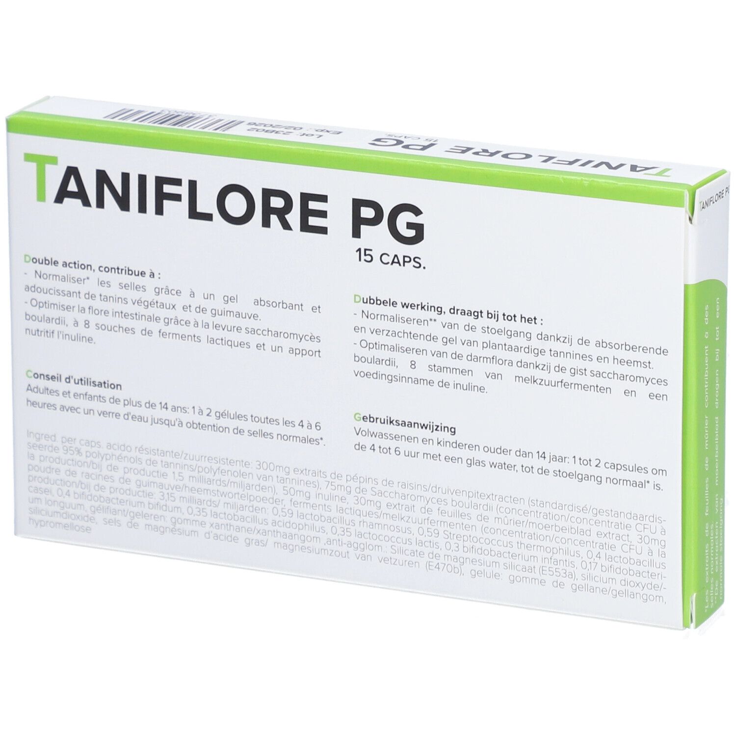 Boîte 'Taniflore PG'. Inscription: '15 CAPS'. Ingrédients. PG PharmaGenex. Accents verts. Mode d'emploi.