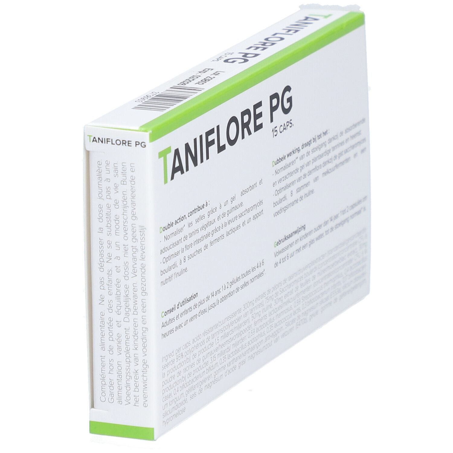 Boîte 'Taniflore PG'. Inscription: '15 CAPS'. Ingrédients. PG PharmaGenex. Accents verts. Mode d'emploi.