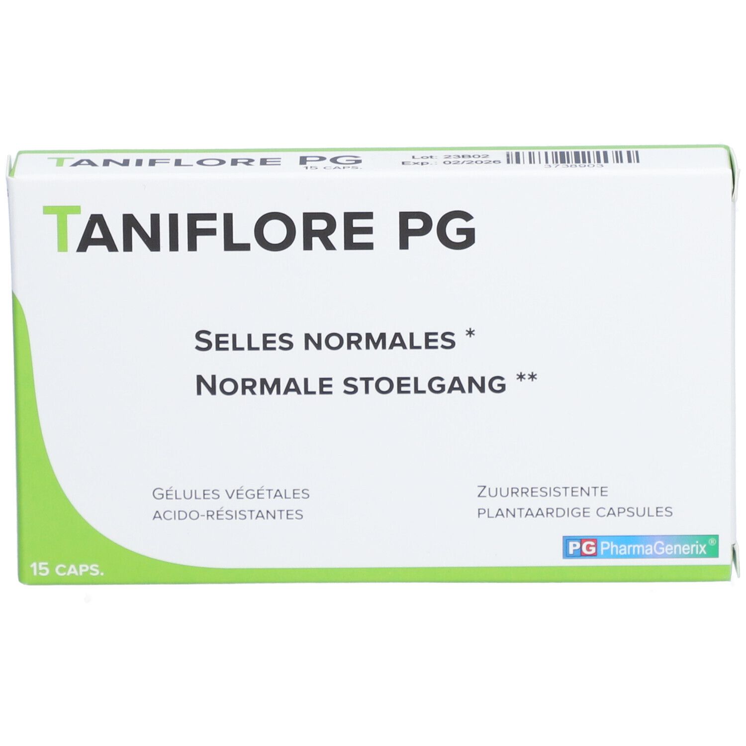Boîte 'Taniflore PG'. Inscription: 'Selles normales', 'Normale stoelgang'. 15 capsules. PG PharmaGenex.