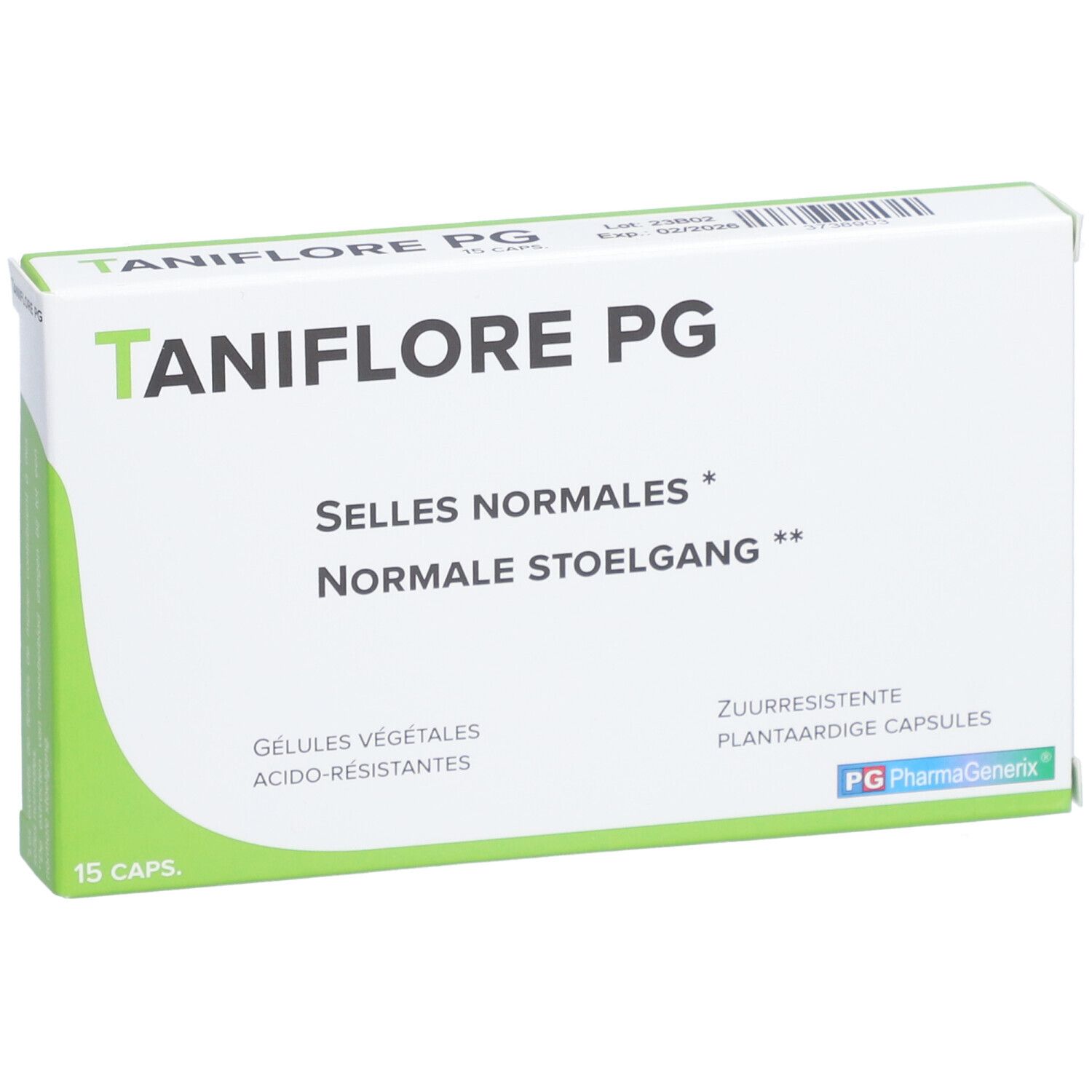 Boîte 'Taniflore PG'. Inscription: 'Selles normales', 'Normale stoelgang'. 15 capsules. PG PharmaGenex.
