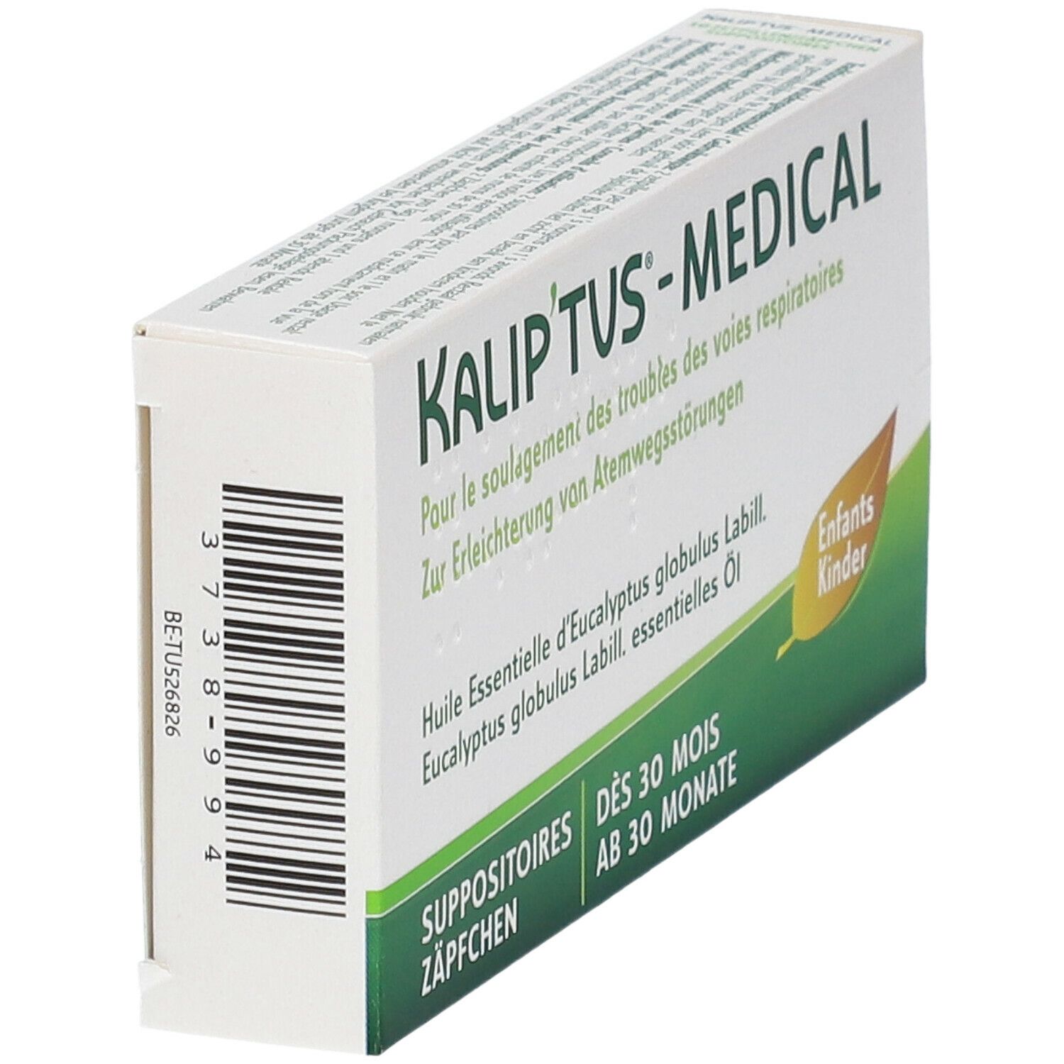 Boîte Kalip'tus-Medical pour enfants dès 30 mois. Inscription en plusieurs langues. Contient des suppositoires.