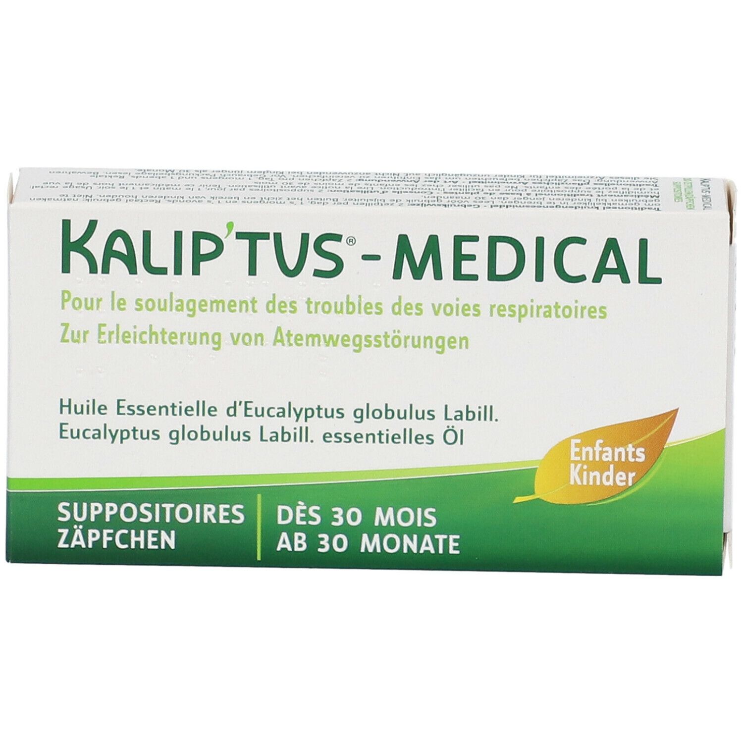 Boîte Kalip'tus-Medical, suppositoires pour enfants dès 30 mois. Inscriptions multilingues.