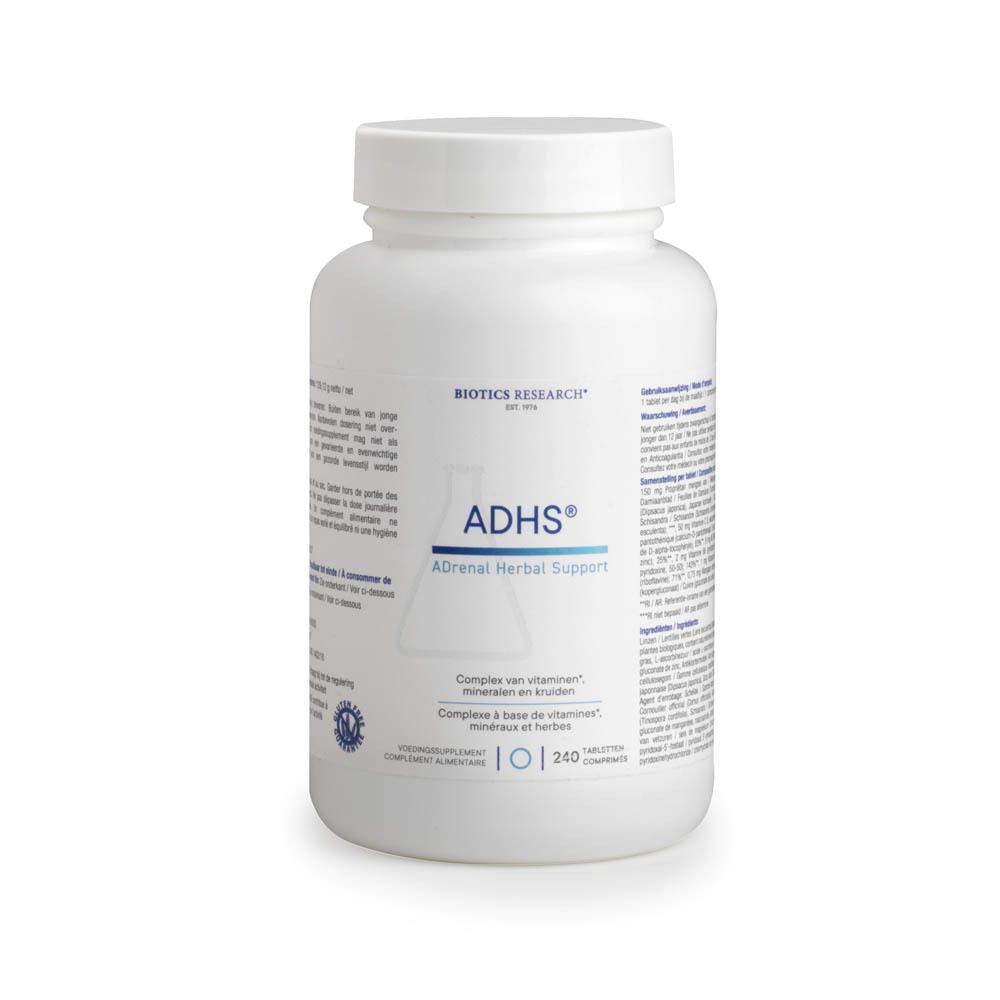 Witte fles met etiket. Opschrift: ADHS, Adrenal Herbal Support. 240 tabletten. Biotics Research logo.