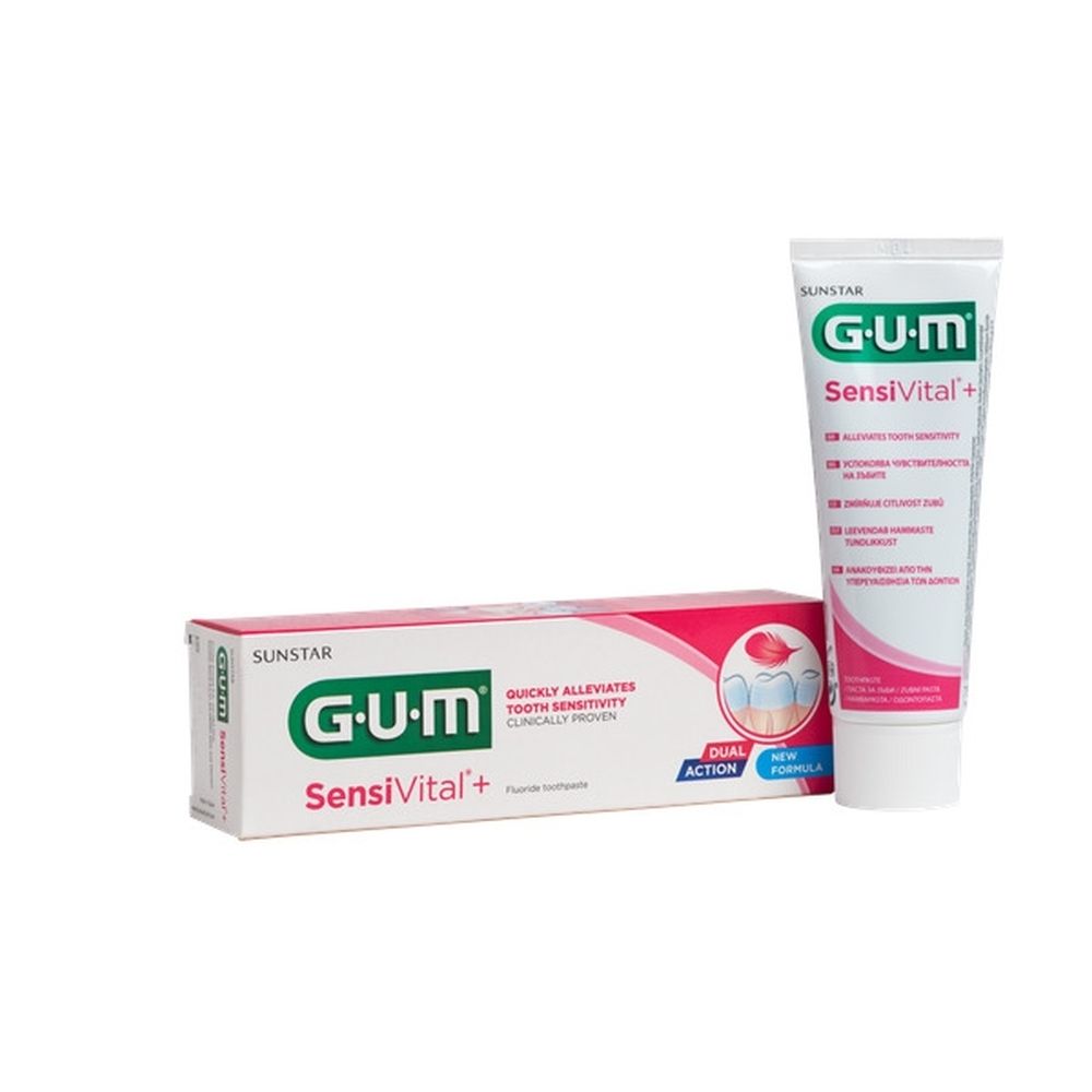 Tube et boîte de dentifrice. GUM SensiVital+. Texte en français. 75 ml.