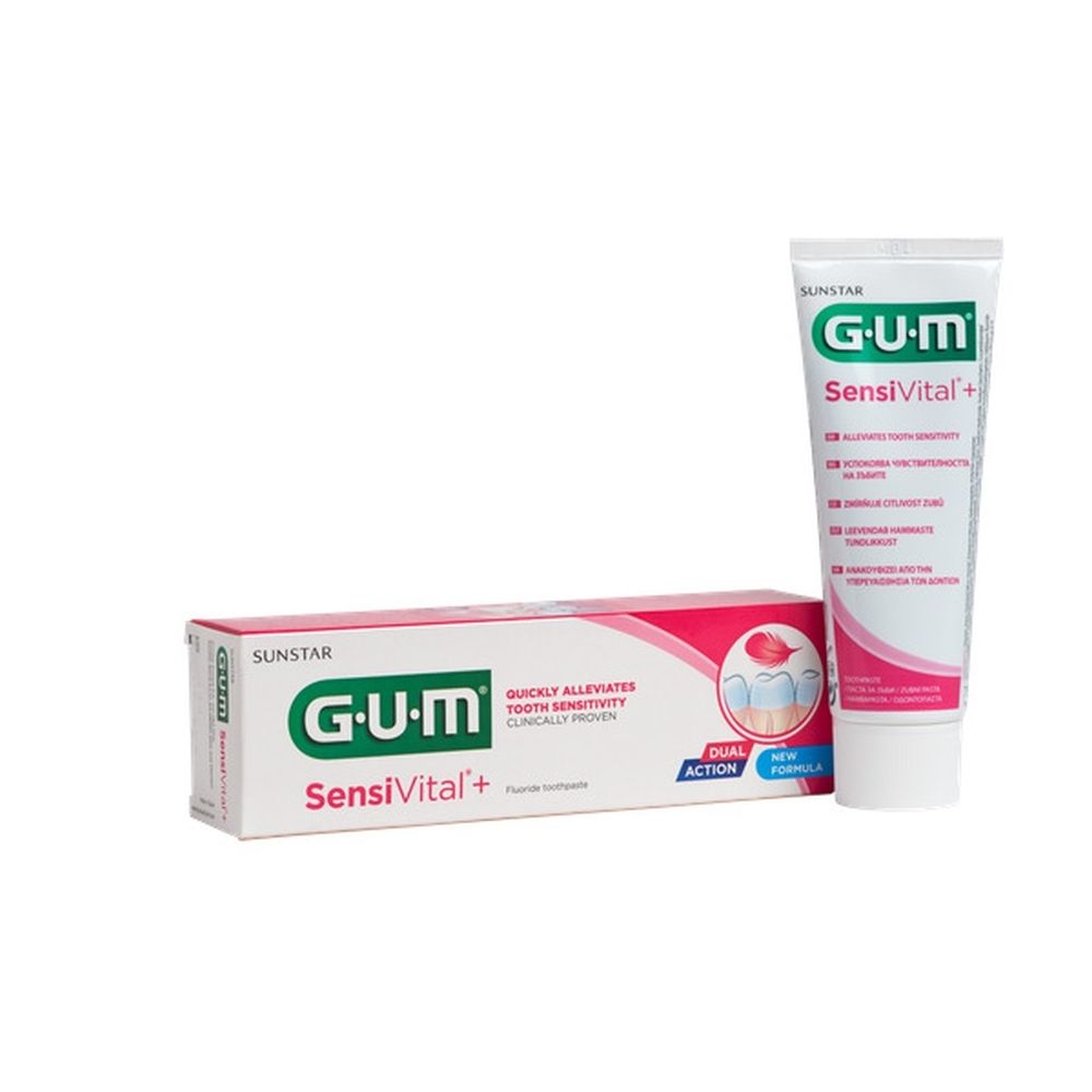 Tandpastatube en -doos. GUM SensiVital+. Tekst in het Nederlands. 75 ml.