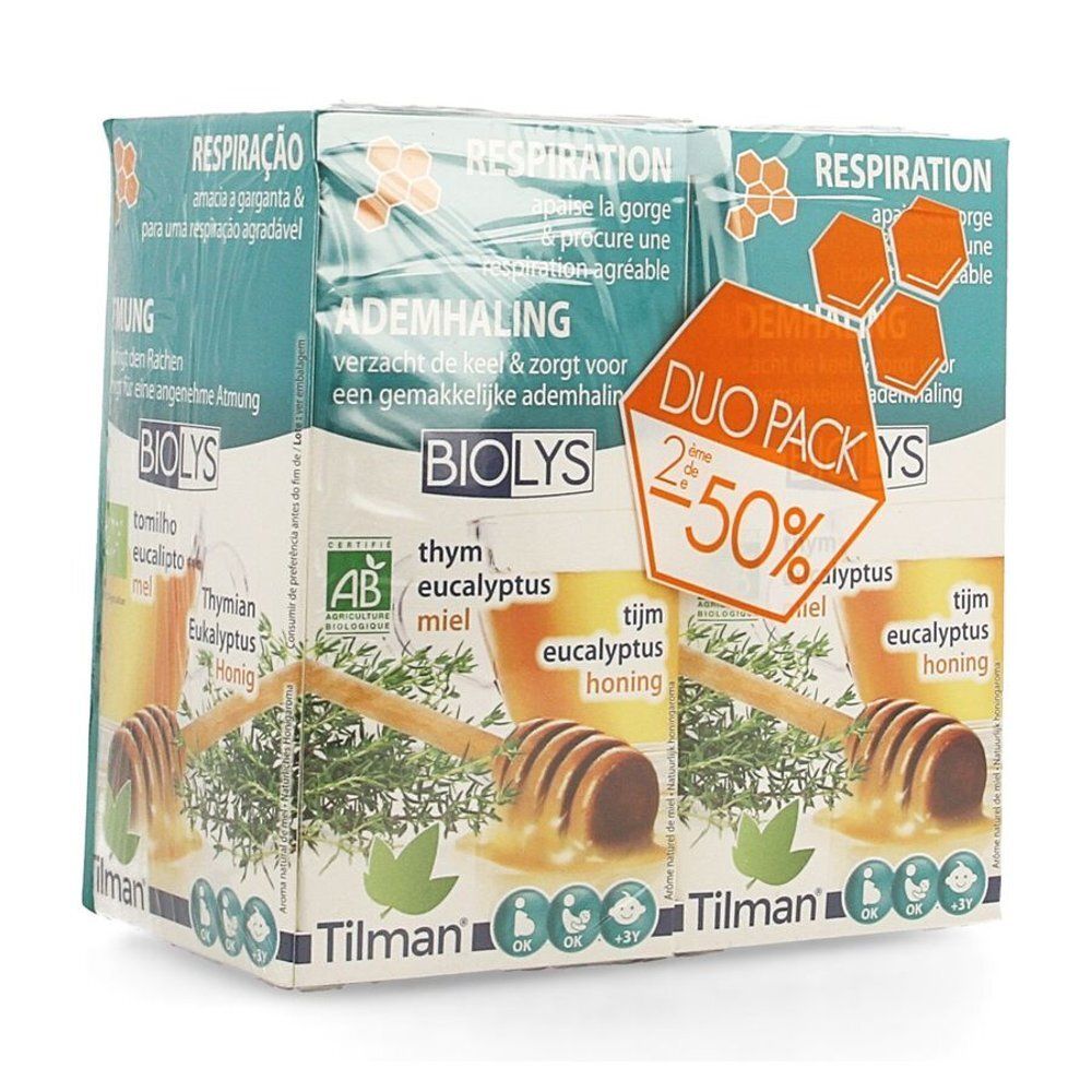 Emballage duo de produits BIOLYS. Inscriptions multilingues, dont thym, eucalyptus et miel. Étiquette « Duo Pack » avec 50% de réduction.