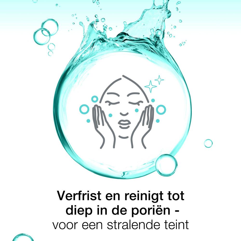 Symbool: gezicht met bubbels in een waterdruppel. Reinigt mild en effectief.