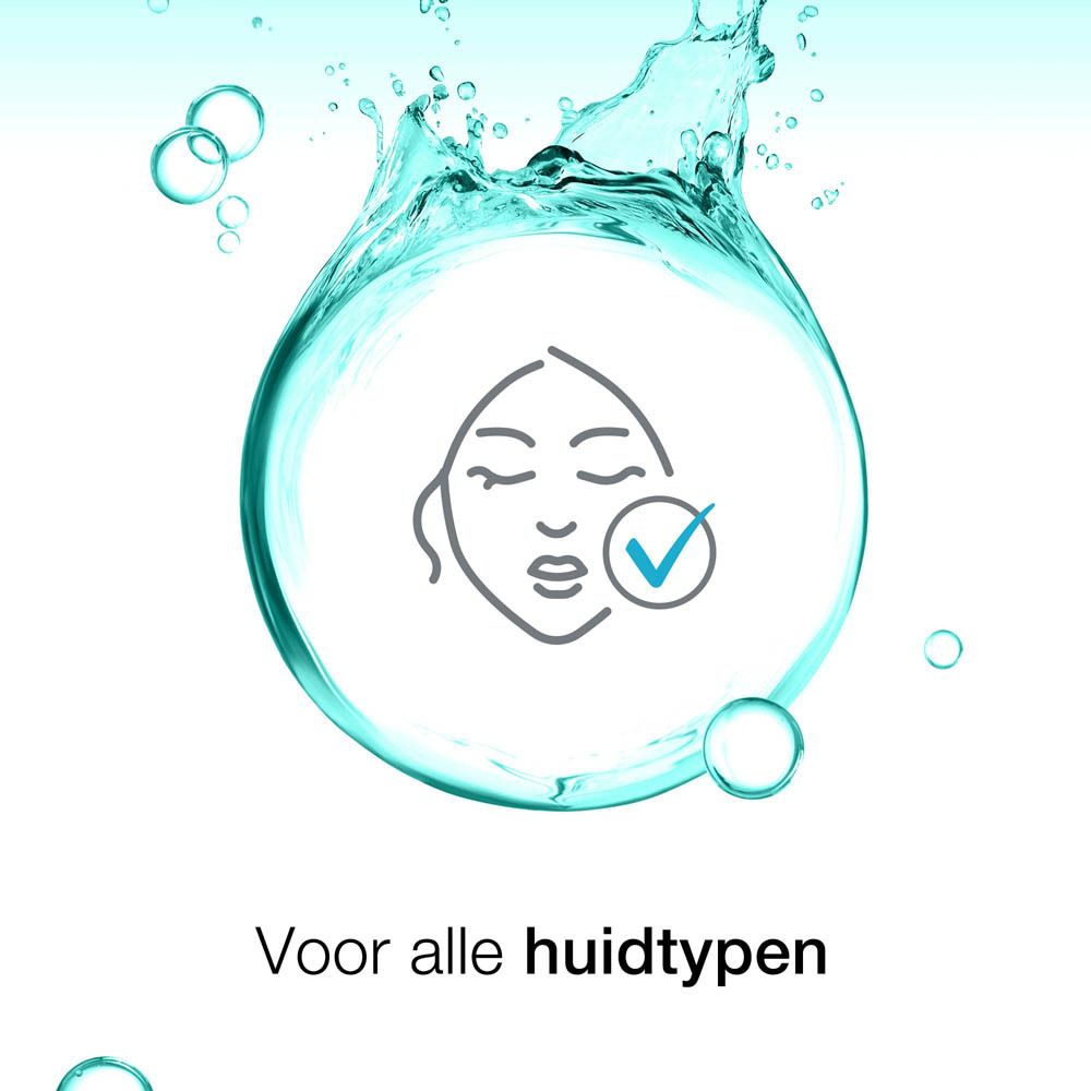 Symbool: gezicht met bubbels. Verwijdert onzuiverheden en overtollig talg.