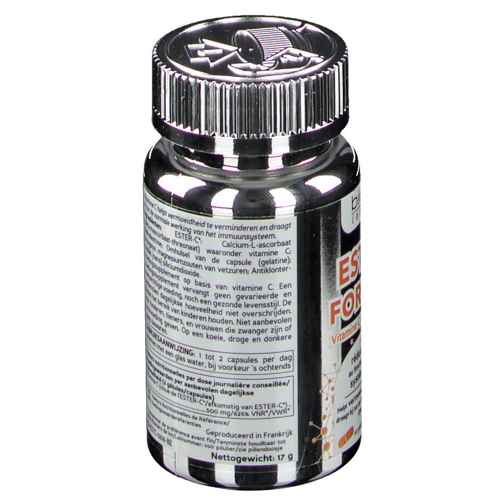 Dos du flacon argenté avec informations produit. Marque: Biocyte. Texte en néerlandais.