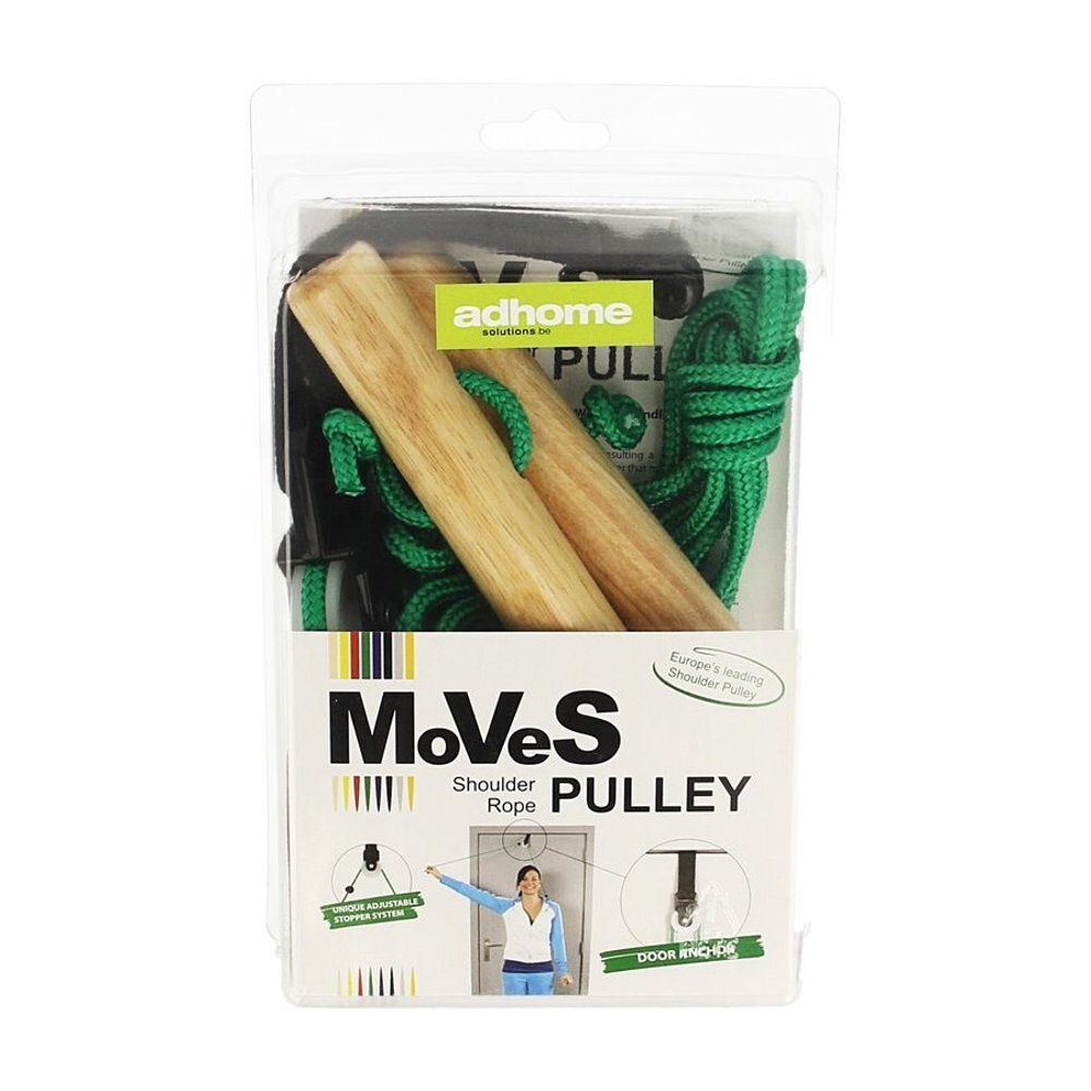 Schouderoefenapparaat met deurbevestiging in blisterverpakking. Groene touwen, houten handvatten. Tekst: adhome, MoVeS, Shoulder Pulley.