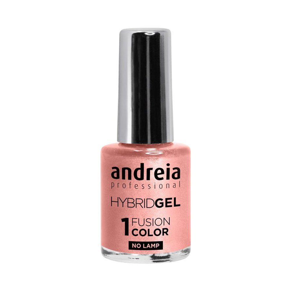 Roze nagellakfles. Zilverkleurige dop. Opschrift: Andreia Professional Hybridgel 1 Fusion Color.