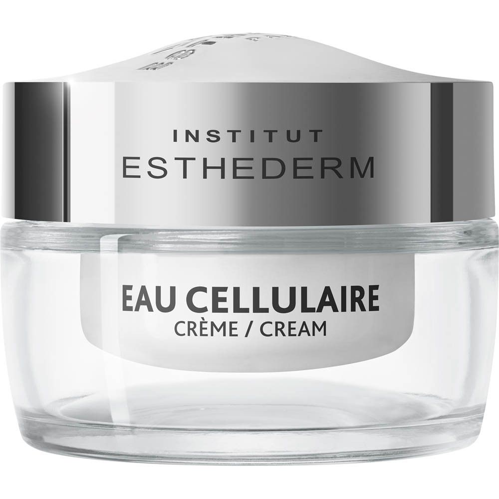 Glazen pot met zilveren deksel. INSTITUT ESTHEDERM logo en productnaam: EAU CELLULAIRE. Crème.