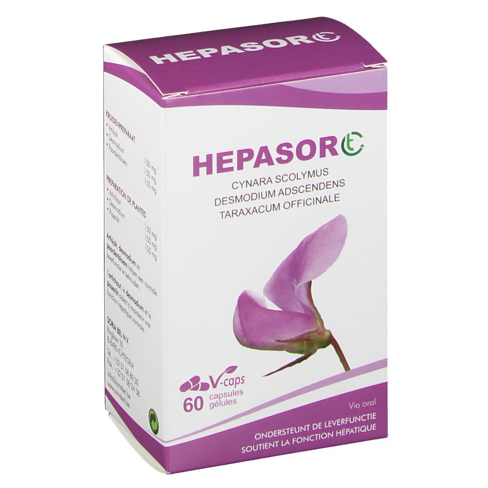 Doosje met "HEPASORC" capsules. Bevat 60 capsules. Opschrift: Cynara scolymus, Desmodium adscendens, Taraxacum officinale. Afbeelding van een paarse bloem.