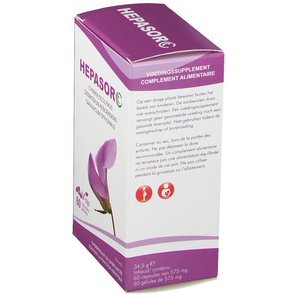 Doosje "HEPASORC" met 60 capsules. Achterkant met tekst in het Nederlands en Frans. Bevat informatie over gebruik en waarschuwingen.