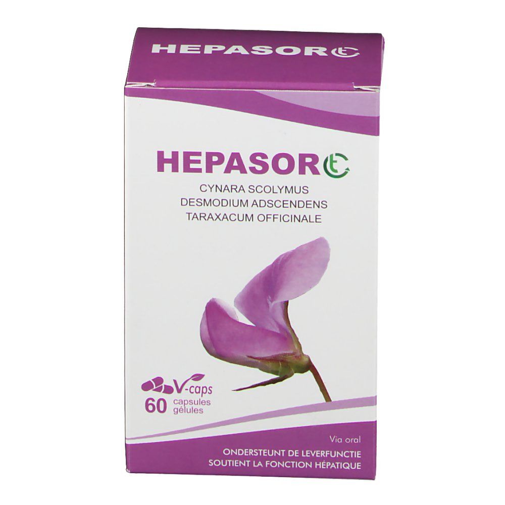 Doosje met "HEPASORC" capsules. Bevat 60 capsules. Opschrift: Cynara scolymus, Desmodium adscendens, Taraxacum officinale. Afbeelding van een paarse bloem.