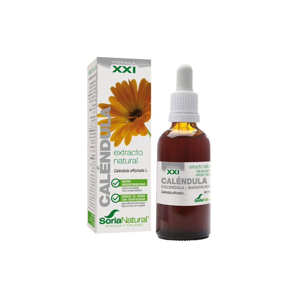 Flacon en verre brun avec pipette et boîte. Inscription: Calendula, Extrakto natural, Soria Natural. Illustration d'une fleur.