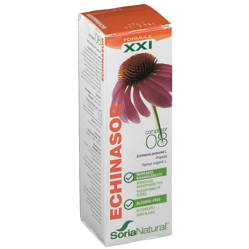Boîte avec image et texte du produit. "Echinasor XXI" et "Soria Natural" sont visibles. Contient une image d'une fleur violette.