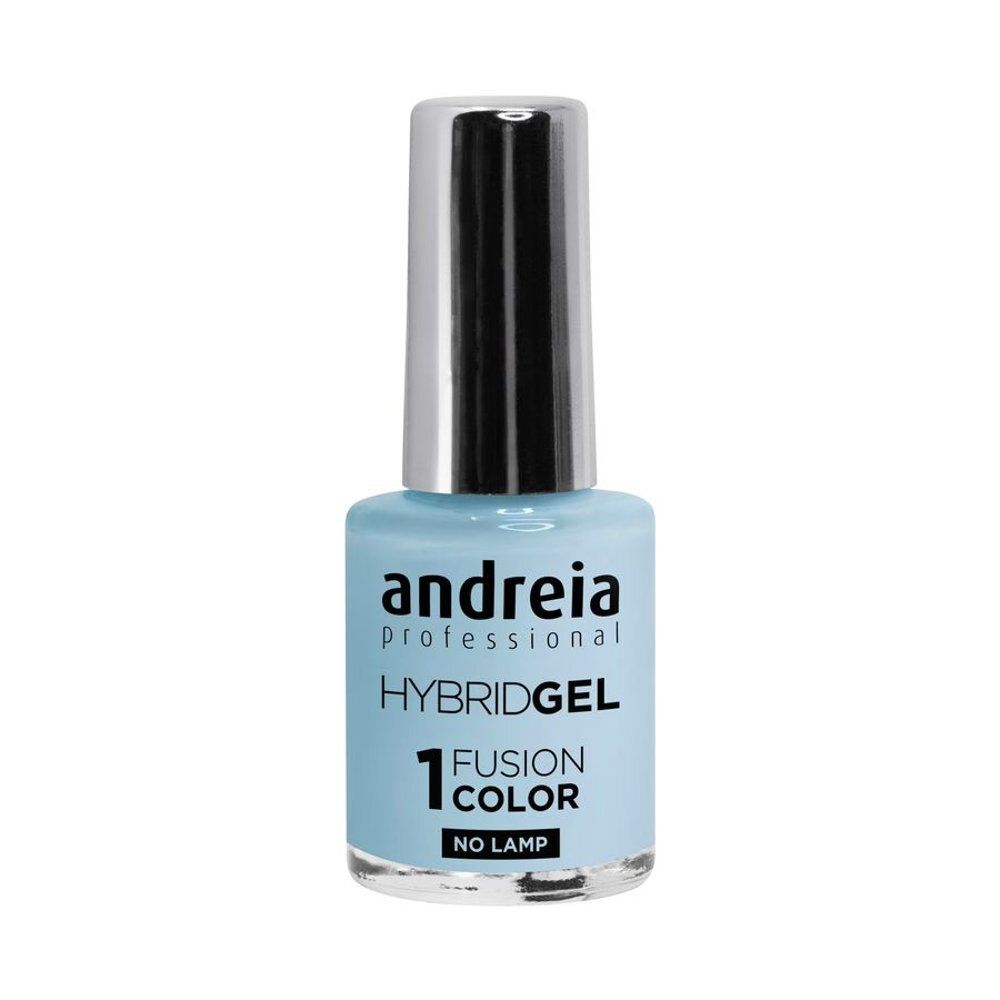 Flacon de vernis à ongles Andreia HybridGel H44 Jacinthe. Bleu clair, bouchon argenté. Marque et nom du produit visibles.