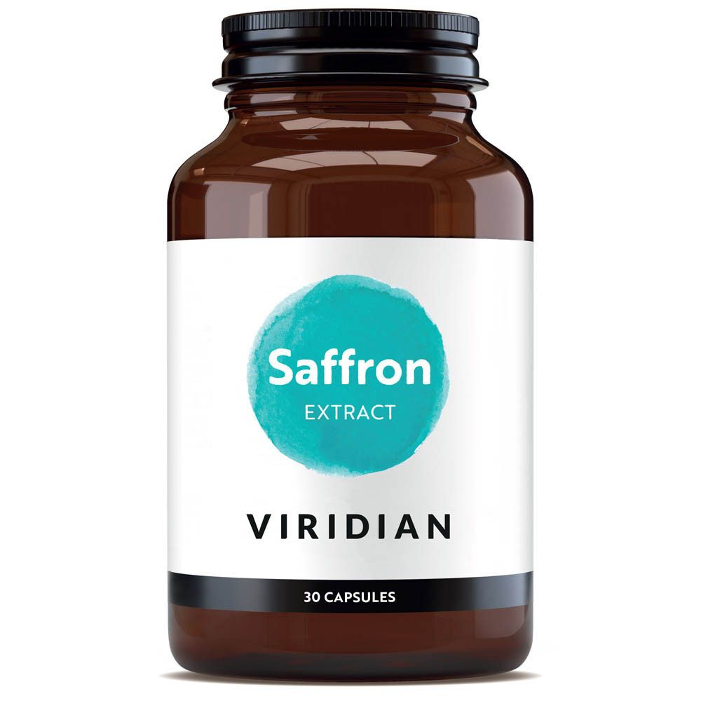 Bruine glazen fles met zwarte dop. Etiket met blauwe cirkel en tekst Saffron Extract, Viridian, 30 capsules.
