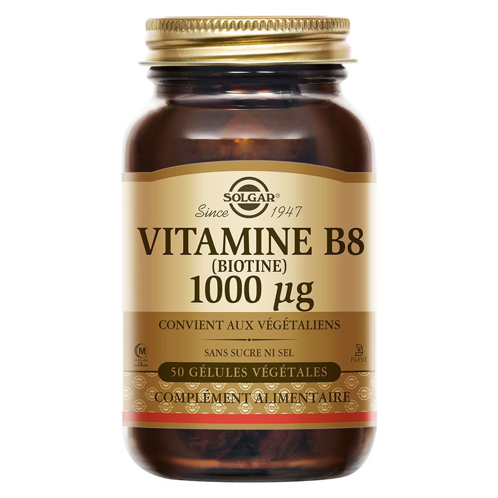 Bruine glazen fles met gouden dop. Label: Vitamine B8 1000 µg, 50 plantaardige capsules. Supplement.