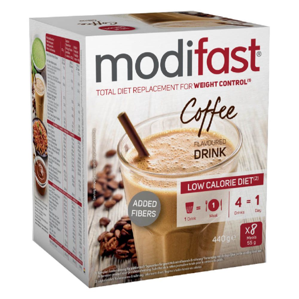 Modifast-doos met koffiesmaak. Afbeelding van een drankje in een glas. Opschrift: Total Diet Replacement for Weight Control.