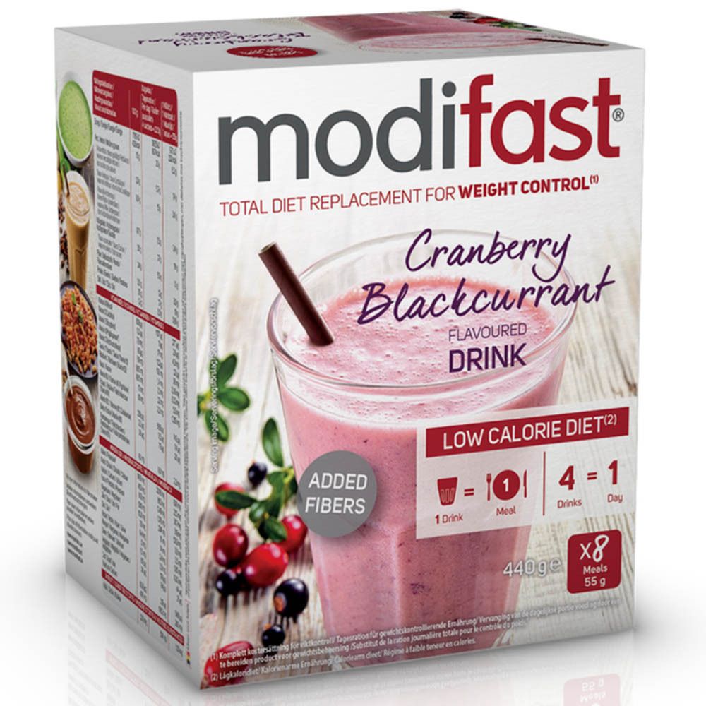 Modifast Cranberry Blackcurrant Drink doos. Afbeelding van shake. Bevat 8 porties. Laagcaloriedieet.
