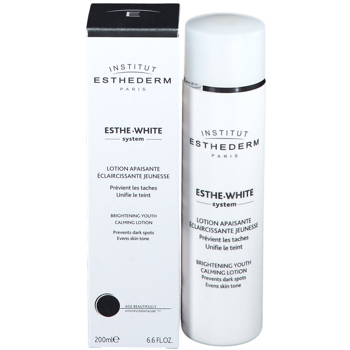 Flacon et emballage blancs. Inscriptions: Institut Esthederm, Esthe-White System. Lotion. 200ml.